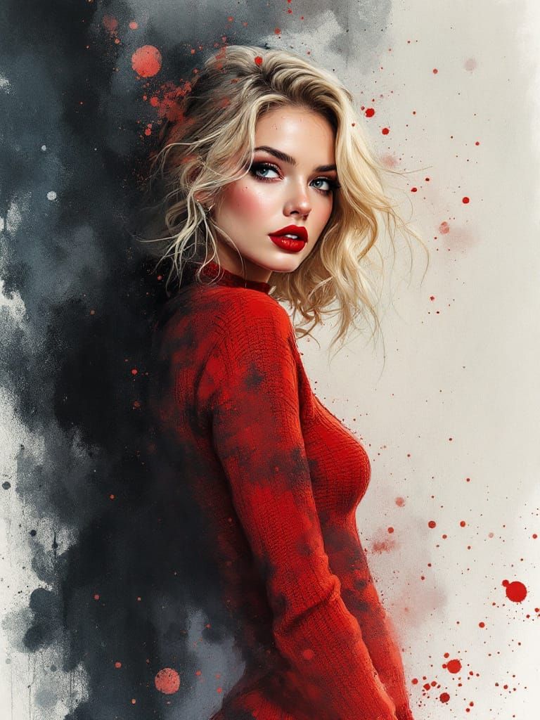 Pin-Up Woman in Crimson Dress, Surreal Watercolor Style