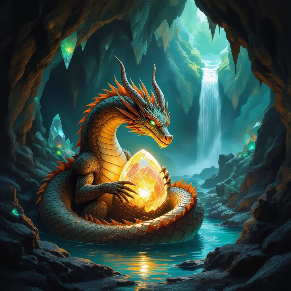 Majestic Dragon Guards Crystalline Egg in Fantasy Lair