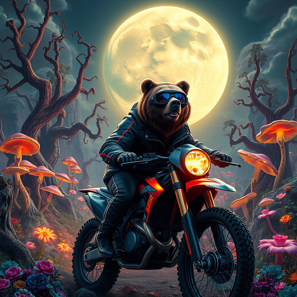 Grizzly Bear Biker in Surreal Landscape