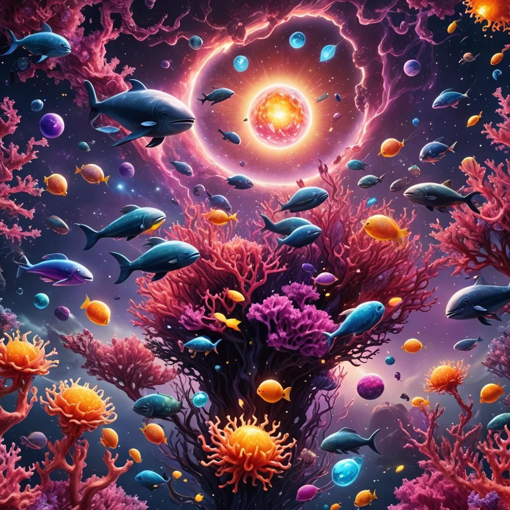Electric Coral Reef Galaxy with Whales and Fish