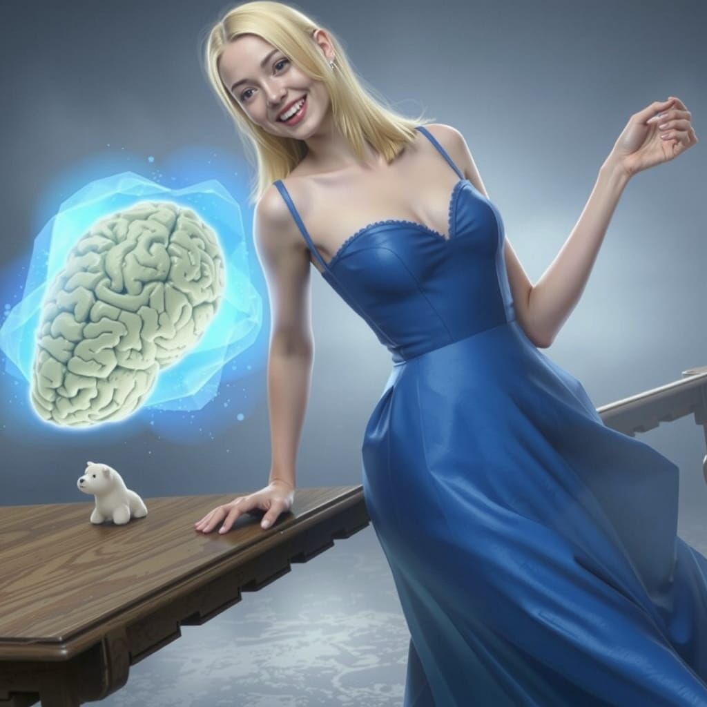 Woman Delighted by Floating Brain, Fantasy Matte Painting