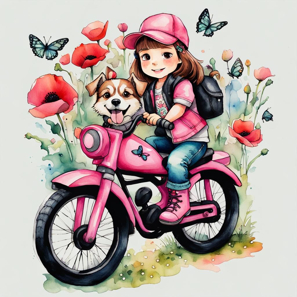 Chibi Girl on Bike: Watercolor and Ink Illustration