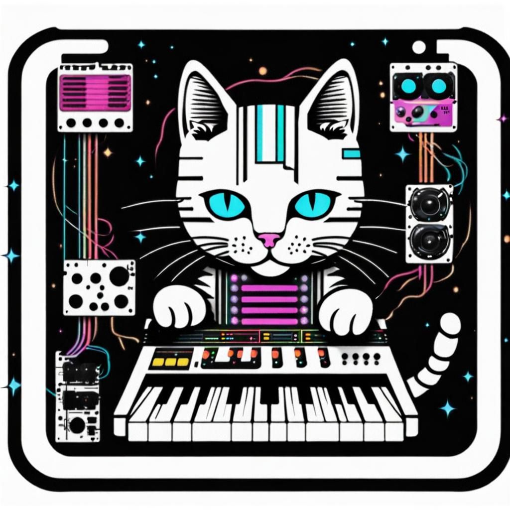 Cyborg Cat Plays Synth: 80s Retro Sticker Art