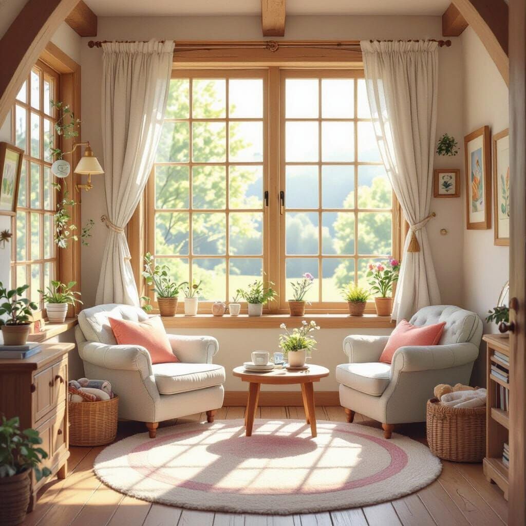 Cozy Room with Natural Light in Watercolor Style
