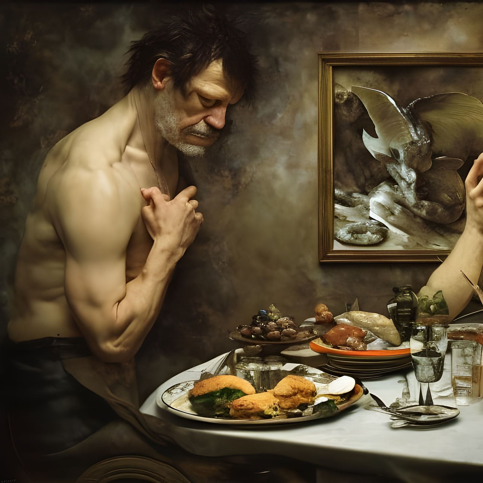Hyperrealistic Waiter Serving Fresh Dinner: Detailed Paintin...