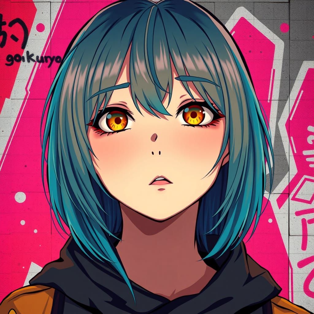 Cyberpunk Anime Portrait of a Pale Blue-Hued Girl with Green...