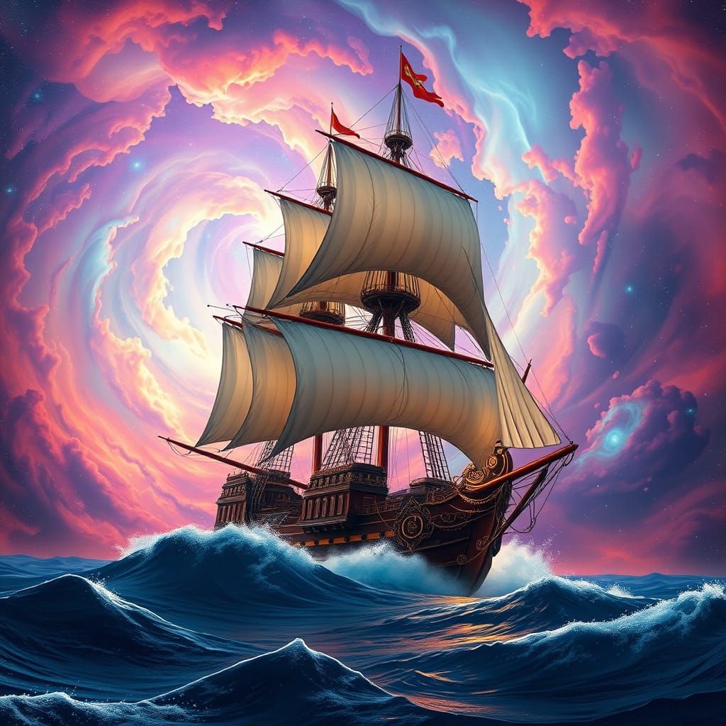 Galleon Sailing Through Nebula in Retro-Futuristic Style