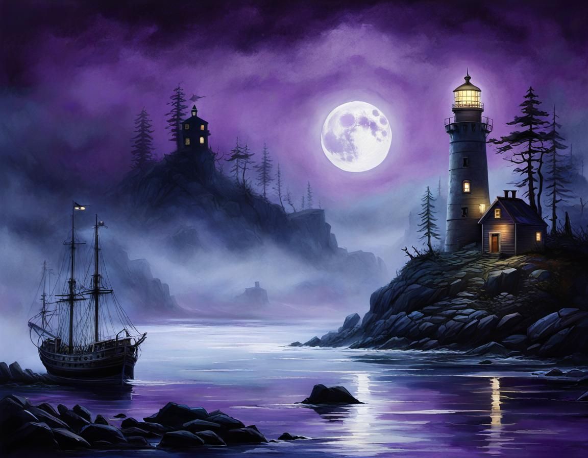 Ghost Ship by Lighthouse in Creepy Watercolor Style