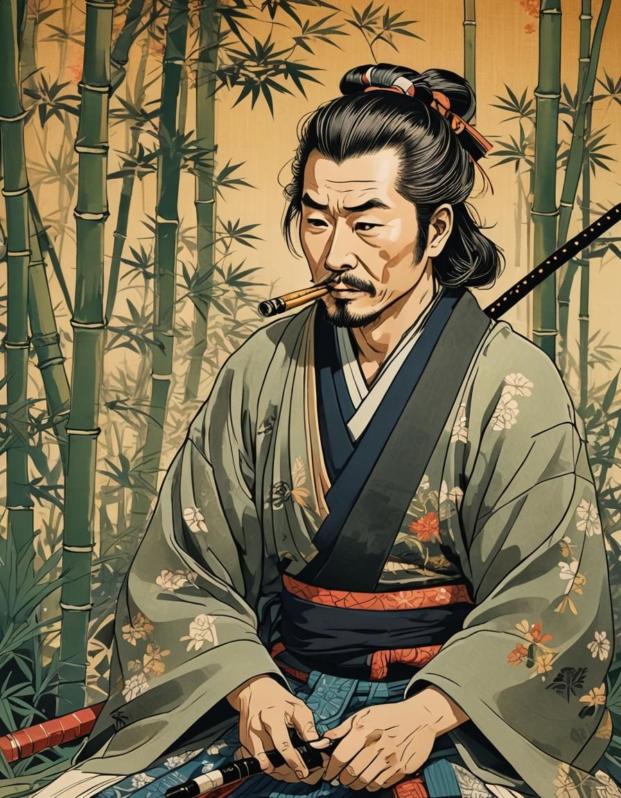 Samurai in Japanese Garden, Ukiyo-e Portrait