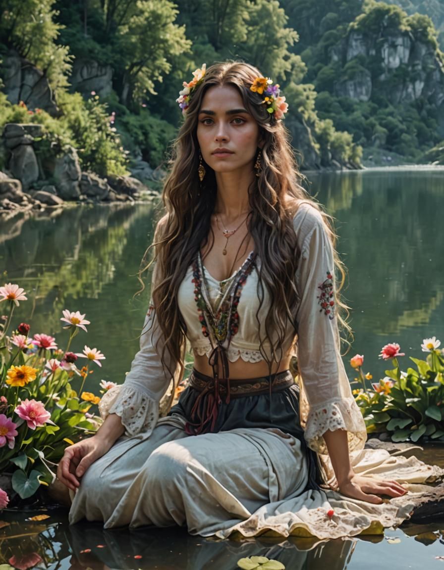 Medieval Lady by Mystical Lake in Sunlight