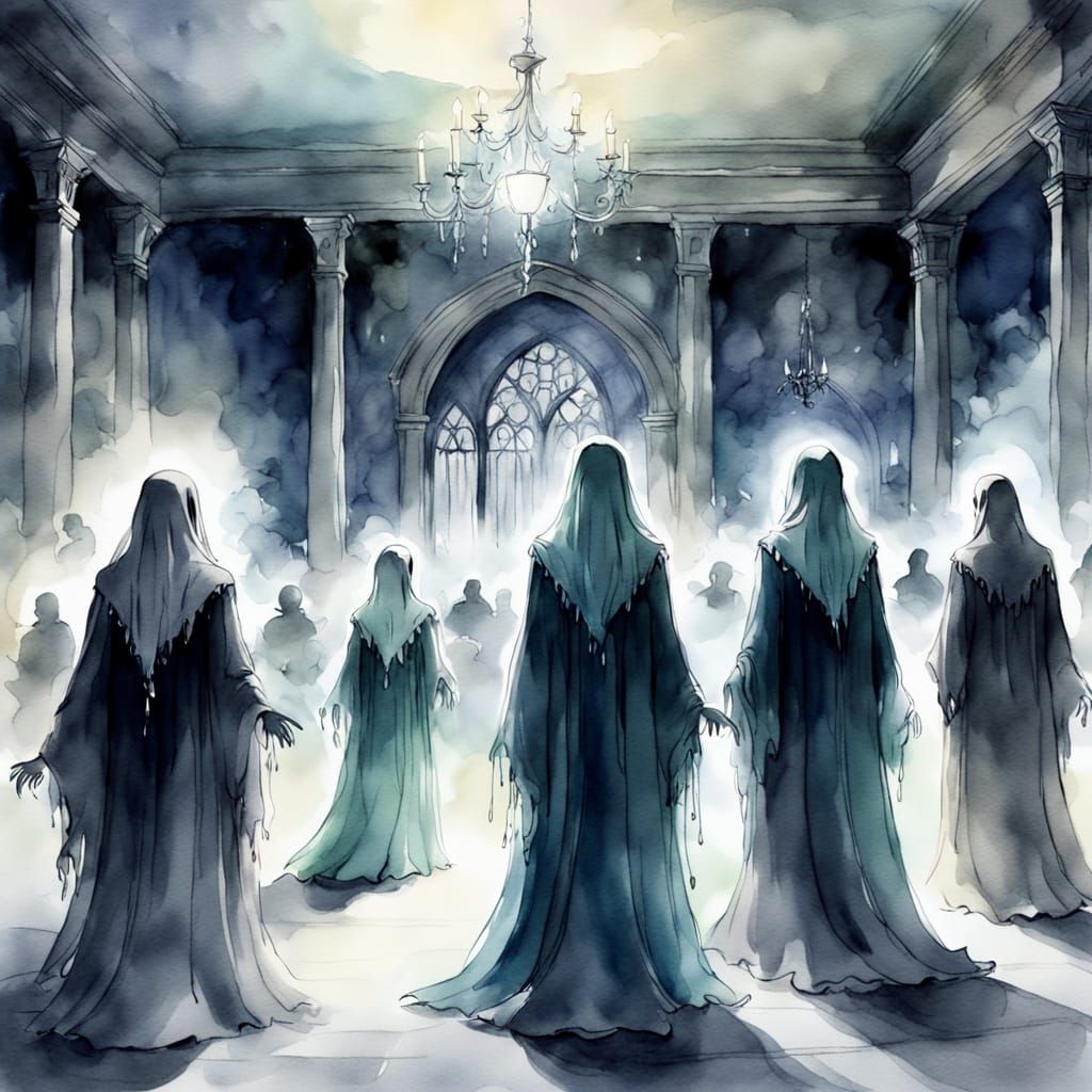 Ethereal Ghosts at a New Year's Ball in Watercolor