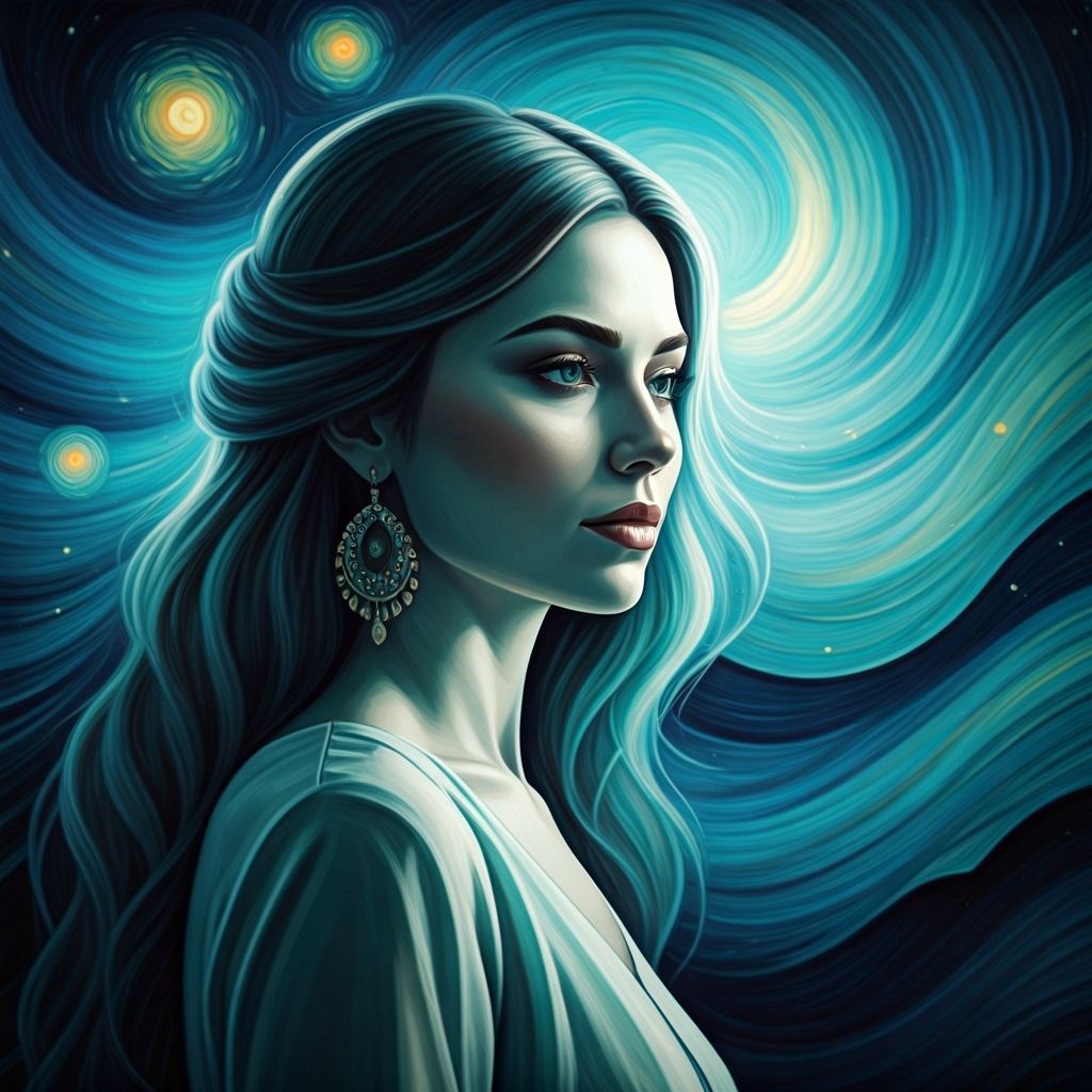 Elegant Woman in a Swirling Starry Night Sky