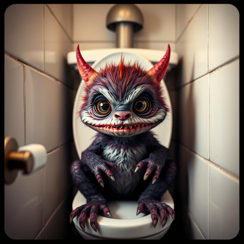 Cute Little Monster on Toilet, Cartoon Style
