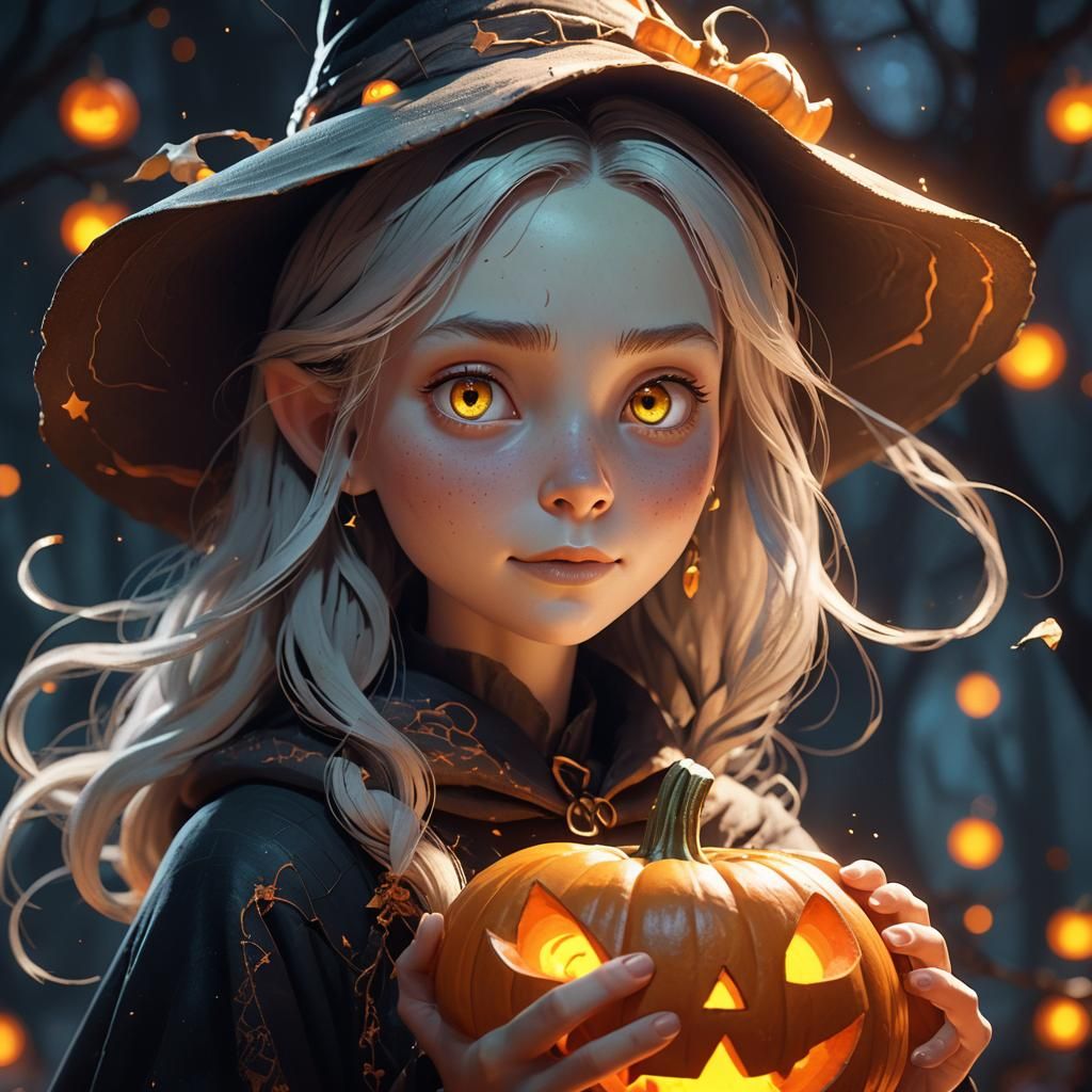Pale Witch with Jack-o'-Lantern: Pixar-esque 3D Animation
