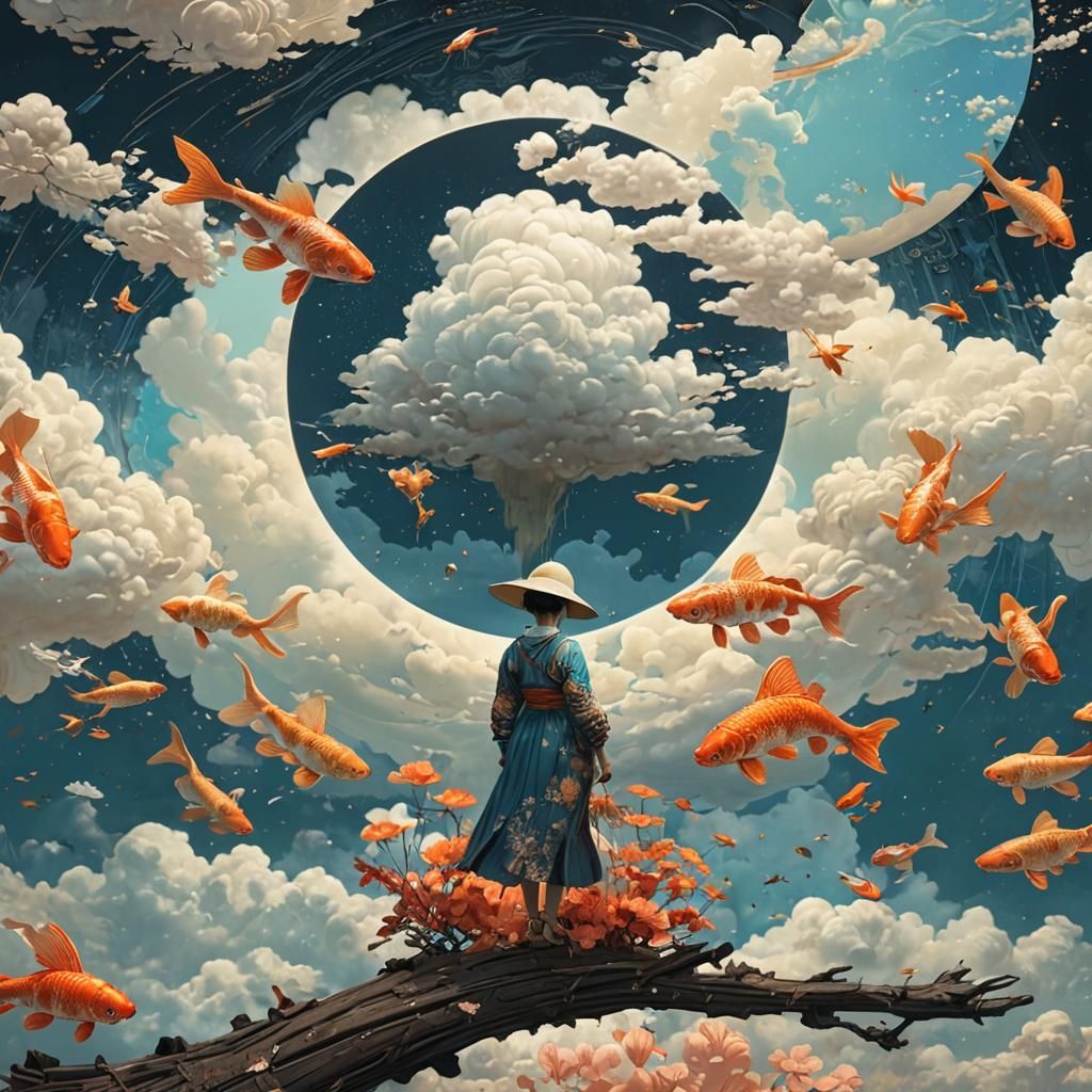 Woman atop World of Koi in Cumulonimbus Cloudscape (Victo Ng...