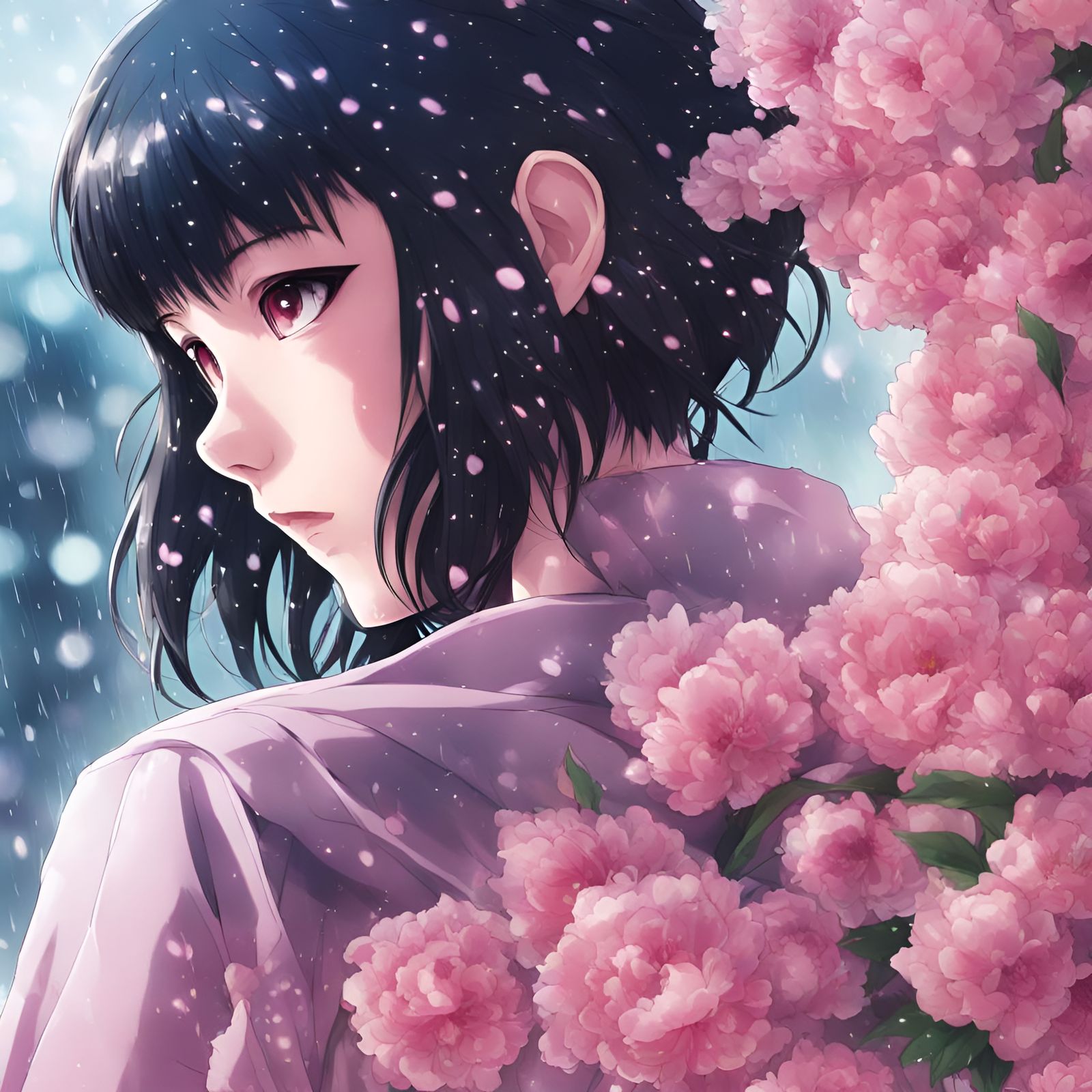 Manga ghost in the shell ,  raining pink flowers , bokeh , by artist "anime", Anime Key Visual, Japanese Manga, Pixiv, Z...