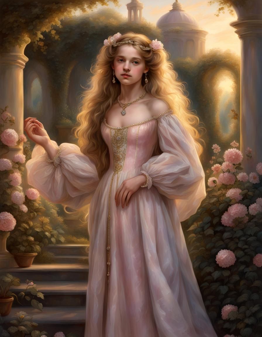 Renaissance Girl Portrait in Garden with Pink Gown
