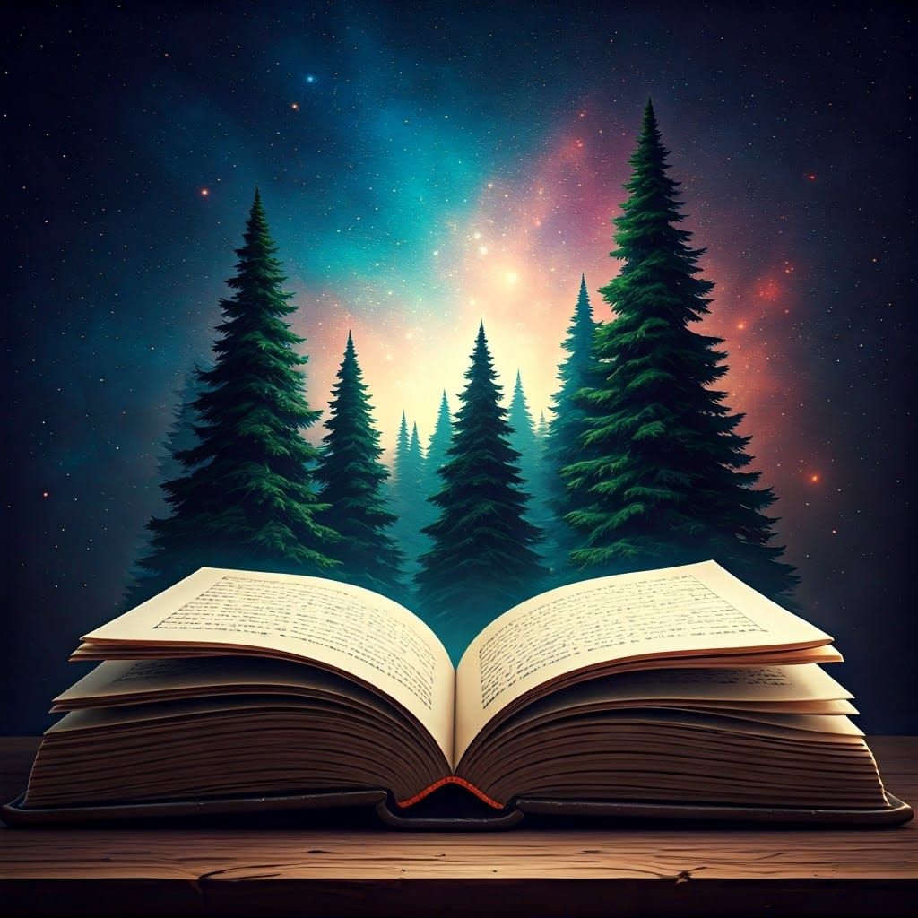 Open Book Reveals Starry Forest: Digital Art