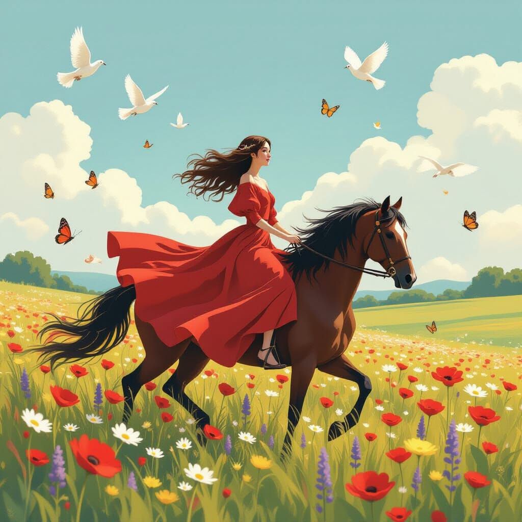 Woman on Horseback in Wildflower Meadow