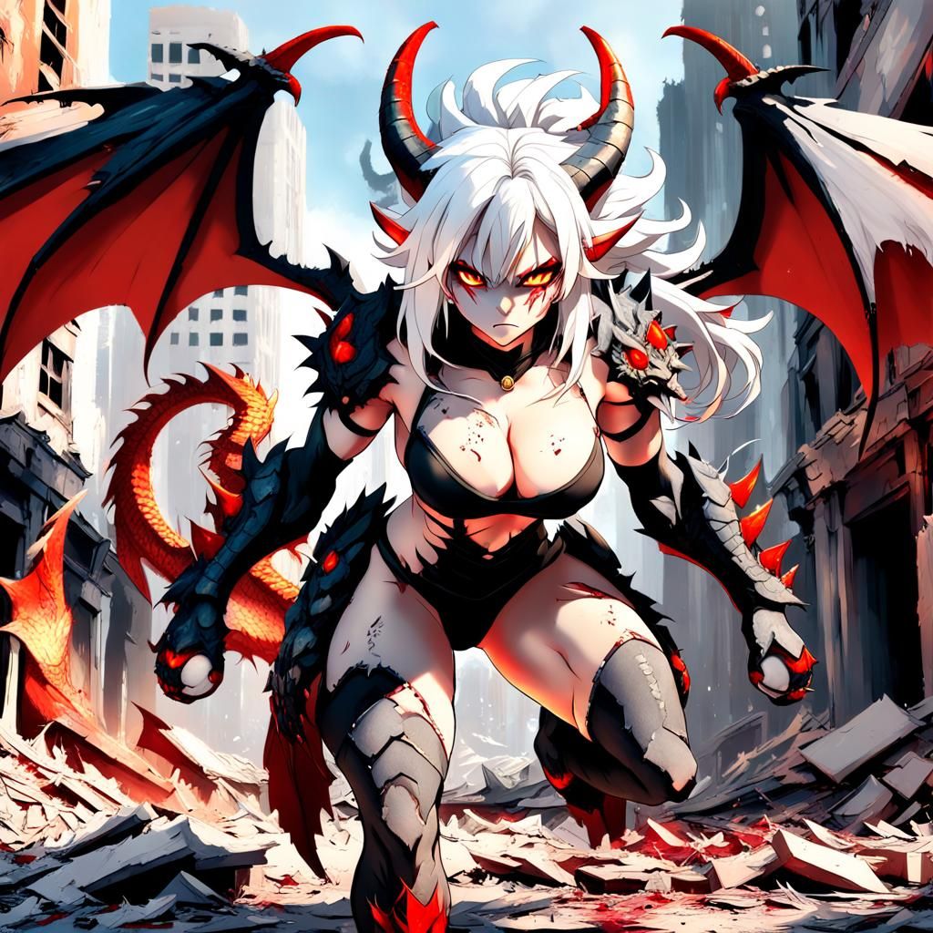 Hyperrealistic Dragonoid Girl in Destroyed City