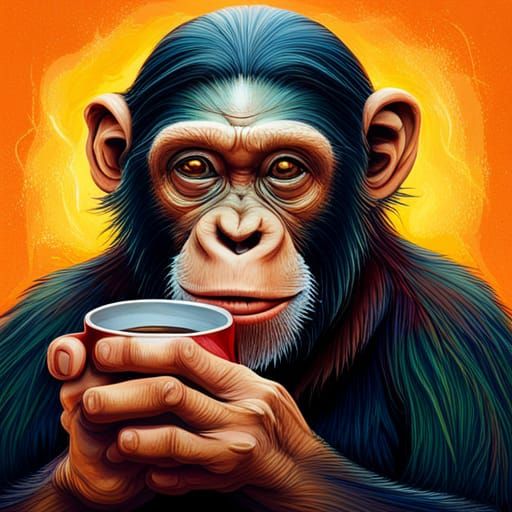 Chimpanzee Sipping Coffee: Hyperrealistic Splash Art