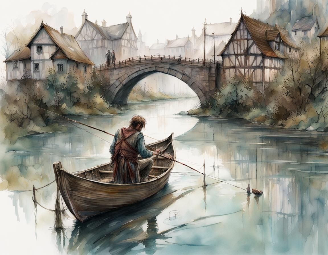 Medieval town, bridge over river,  a man is fishing, a row boat on the river