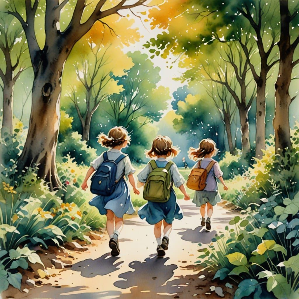 Children's Joyful Commute to School in Whimsical Watercolor