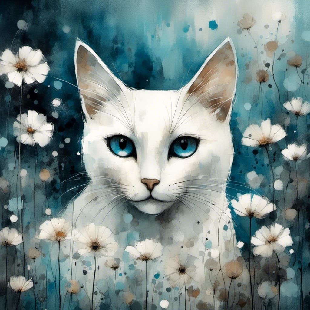 Blue-Eyed Cat in Night Garden, Ink Drawing