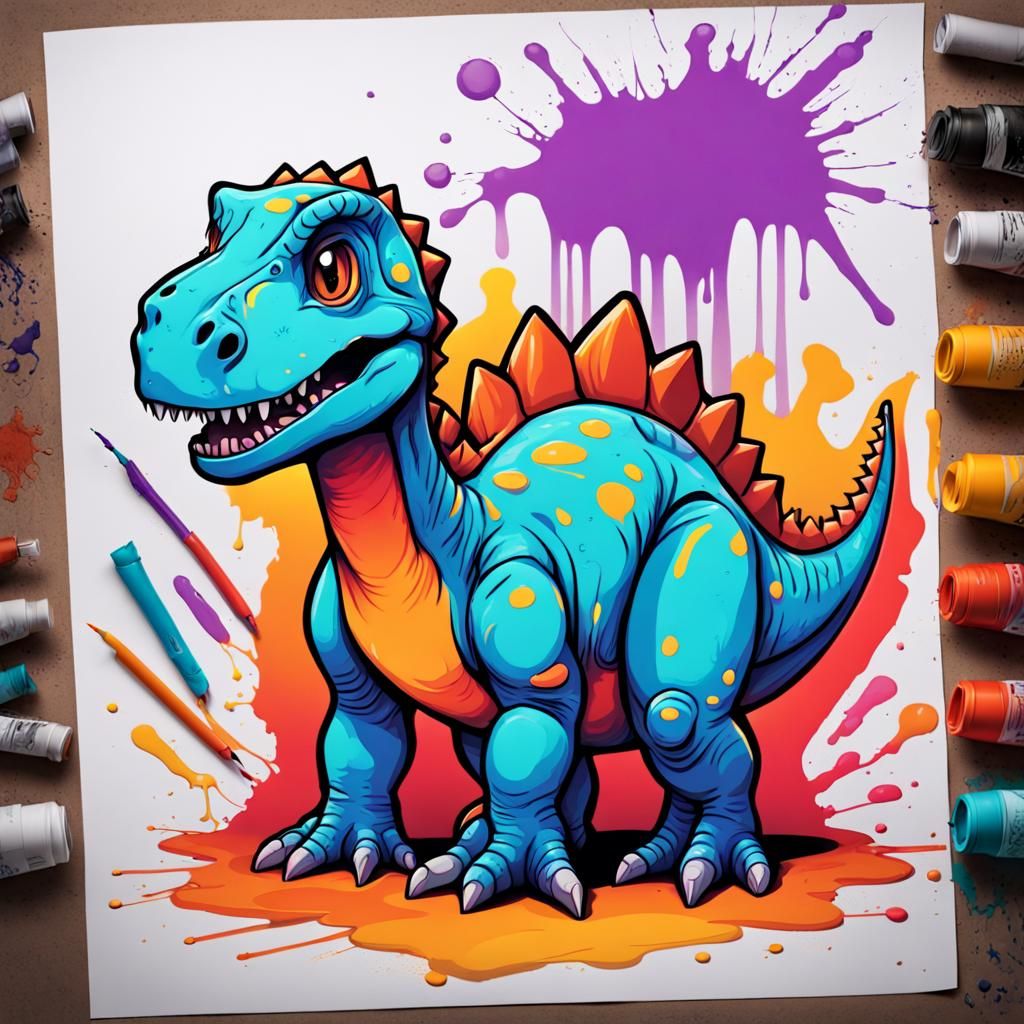 Colorful Dinosaur Graffiti Art with Art Supplies