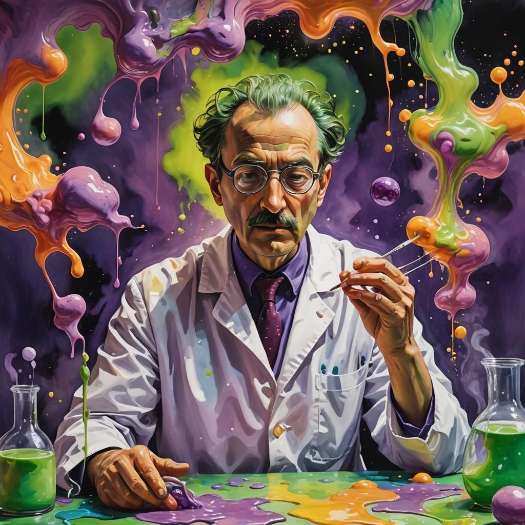 Scientist Dissolving into Goo in Gouache Style
