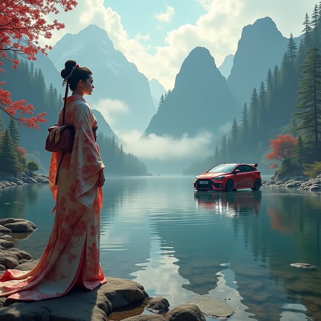 Arcane Japanese Woman Beside Misty Lake