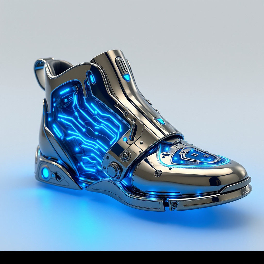 Sleek Metallic Cyborg Shoe with Glowing Circuitry