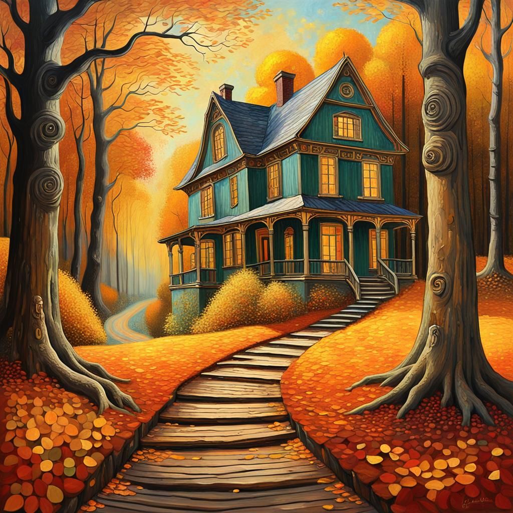 Golden Path Through Mystical Autumn Woods: Mixed Media