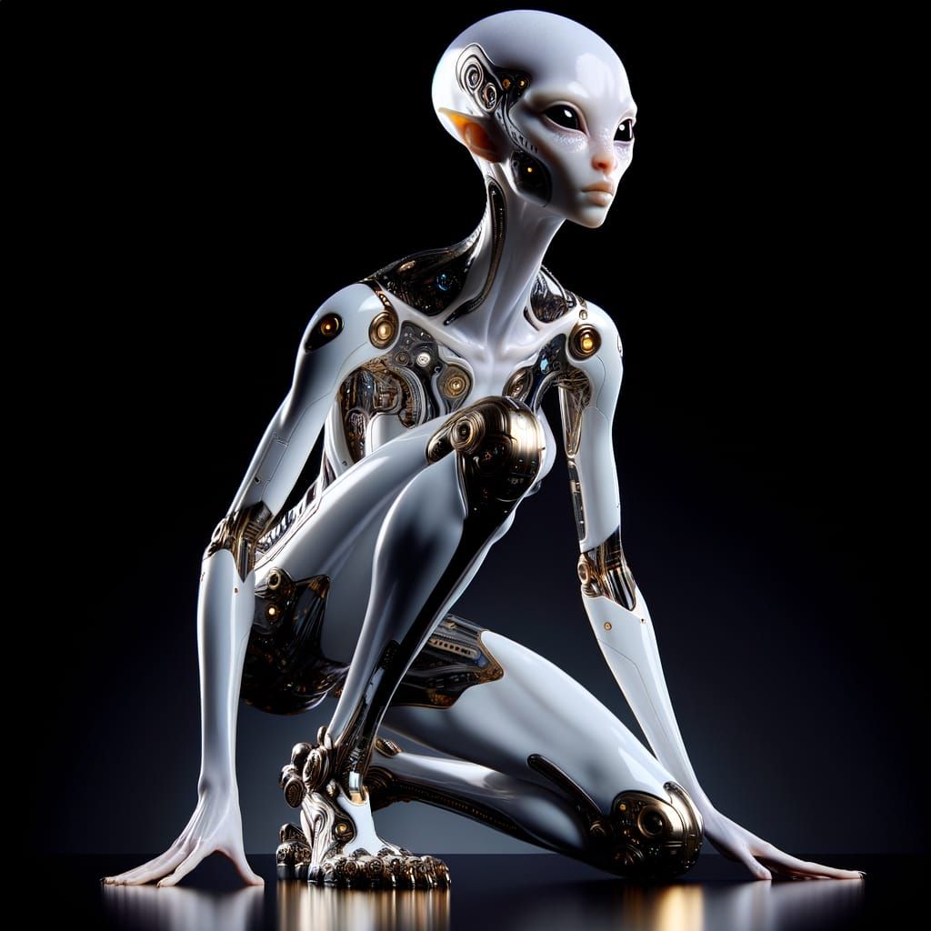 Cyborg Alien Goddess in White Porcelain and Gold