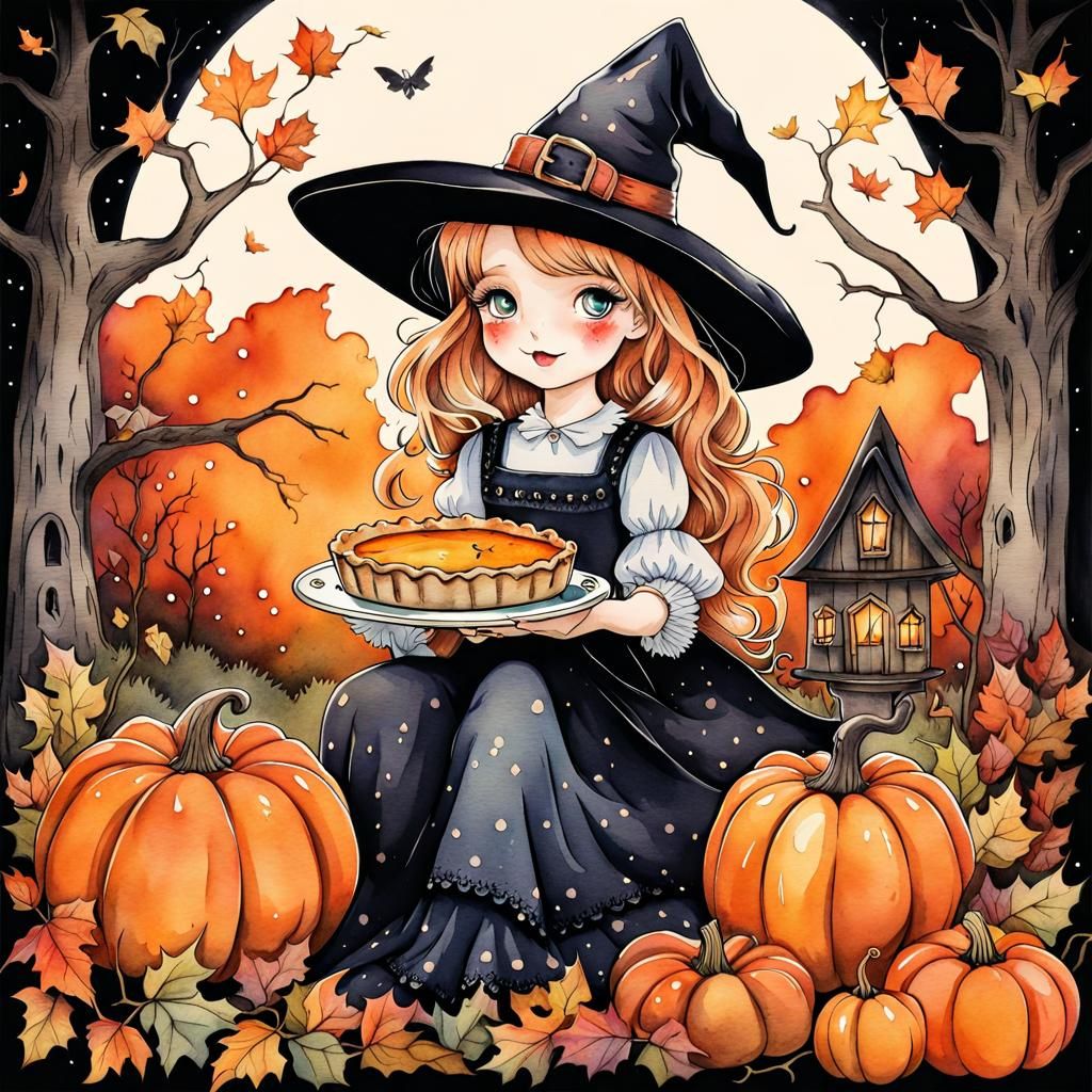 Charming Cottagecore Witch with Pumpkin Pie