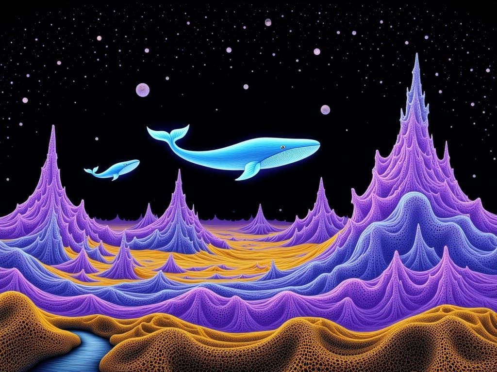 Ethereal Cosmic Landscape with Whales