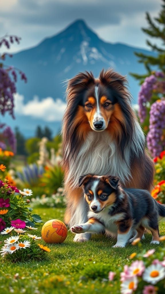 Silkie Collie & her baby playing ball in a big backyard 🐕🐾