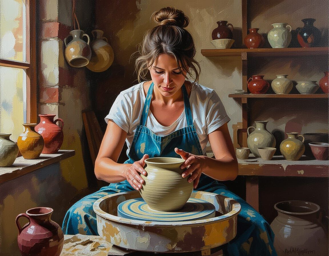 Potter's Hands Shape Clay in Dynamic Impasto Painting