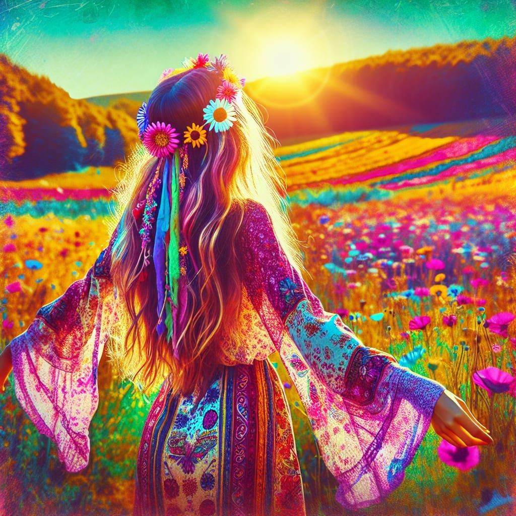 A whimsical and vibrant image of a 1960s and 1970s inspired hippie woman standing in the heart of a lively, sunlit field...