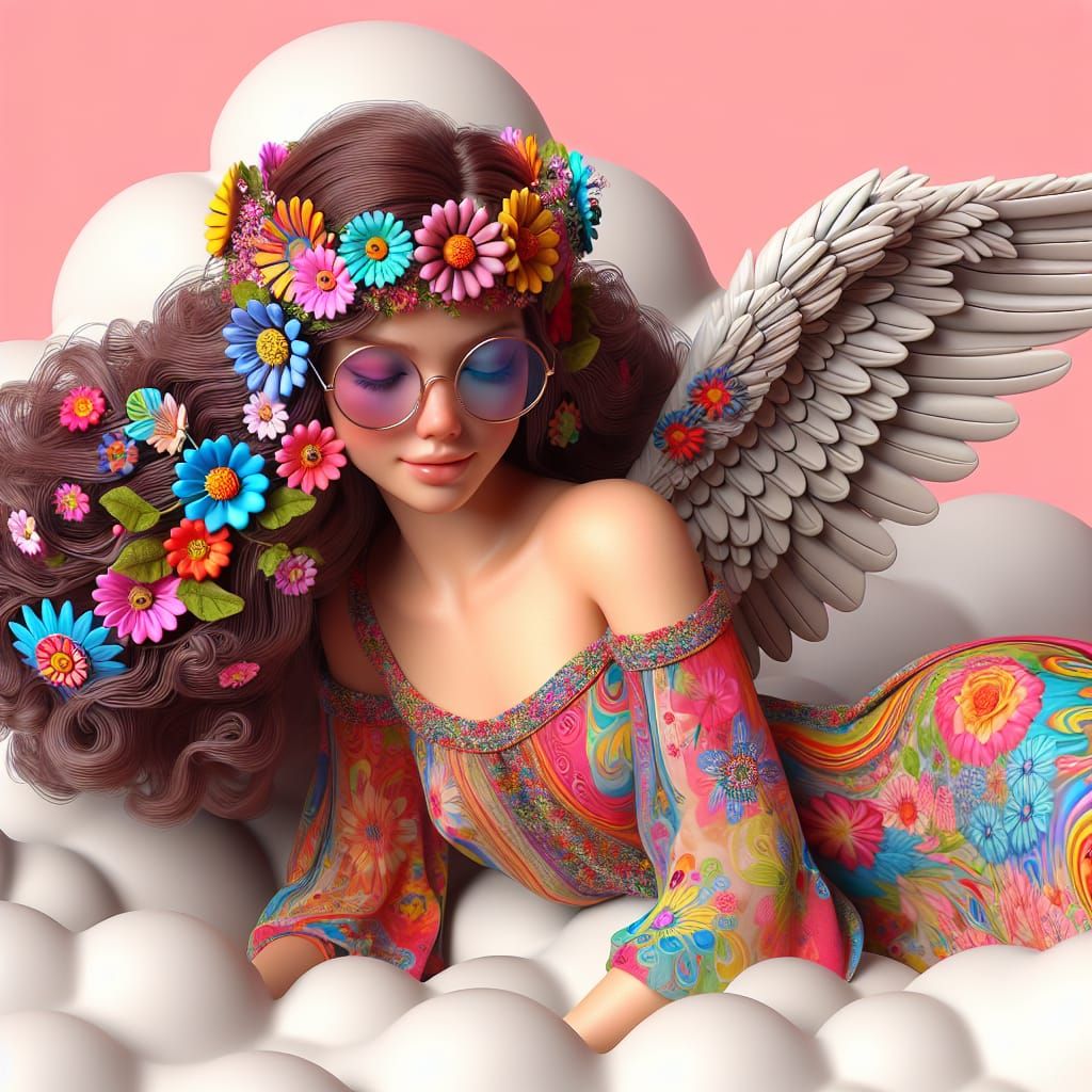 Disney Pixar style 3D 70s style beautiful angel, wearing flo...
