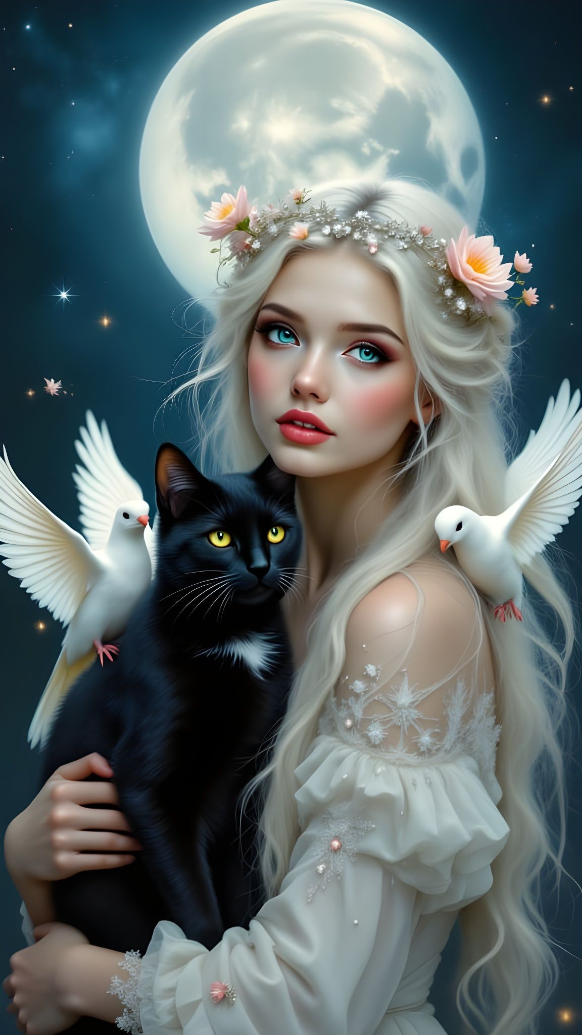 Pre-Raphaelite Woman with Cat and Doves Under Moonlight