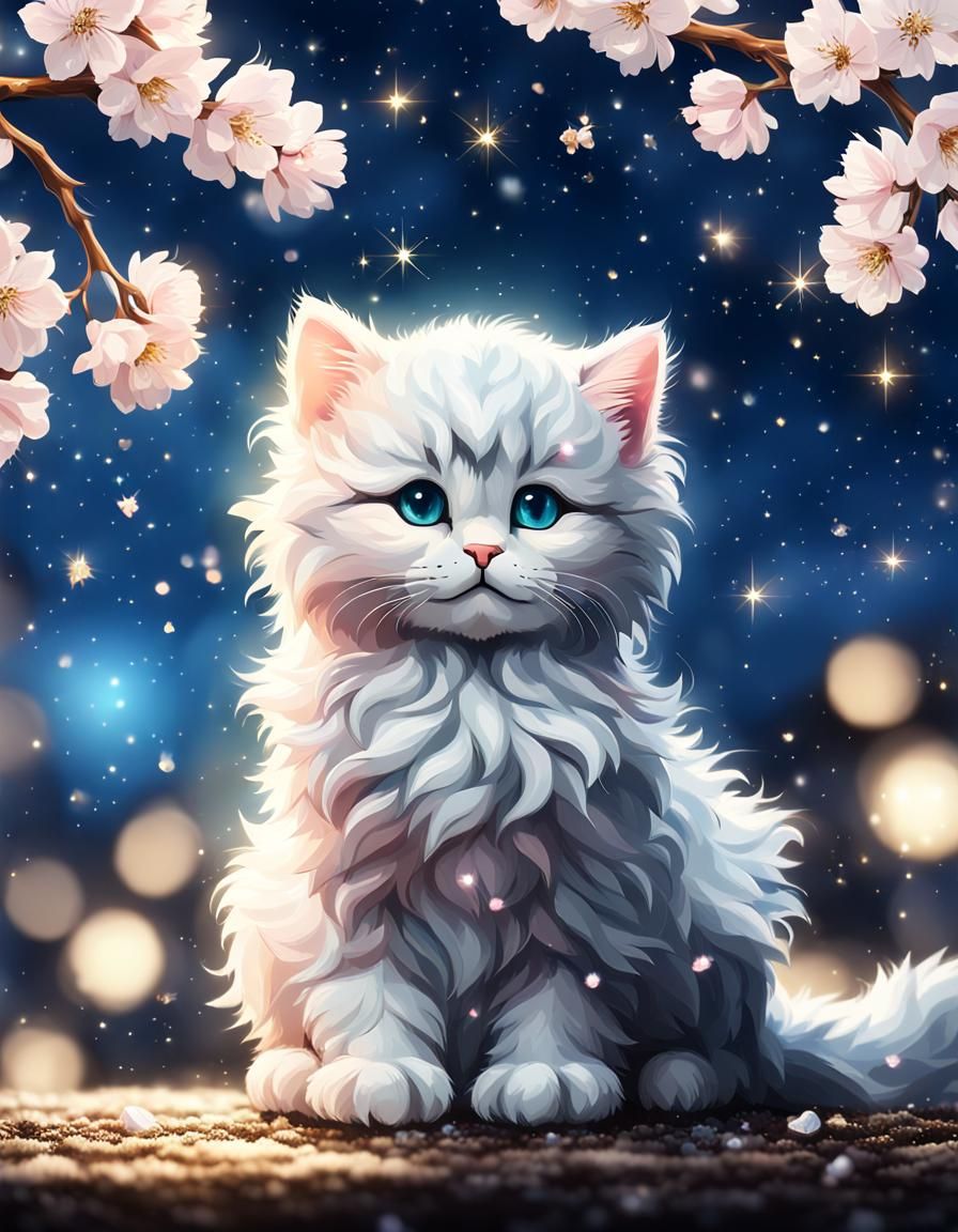 Cute Kitten with Cherry Blossoms, Digital Art