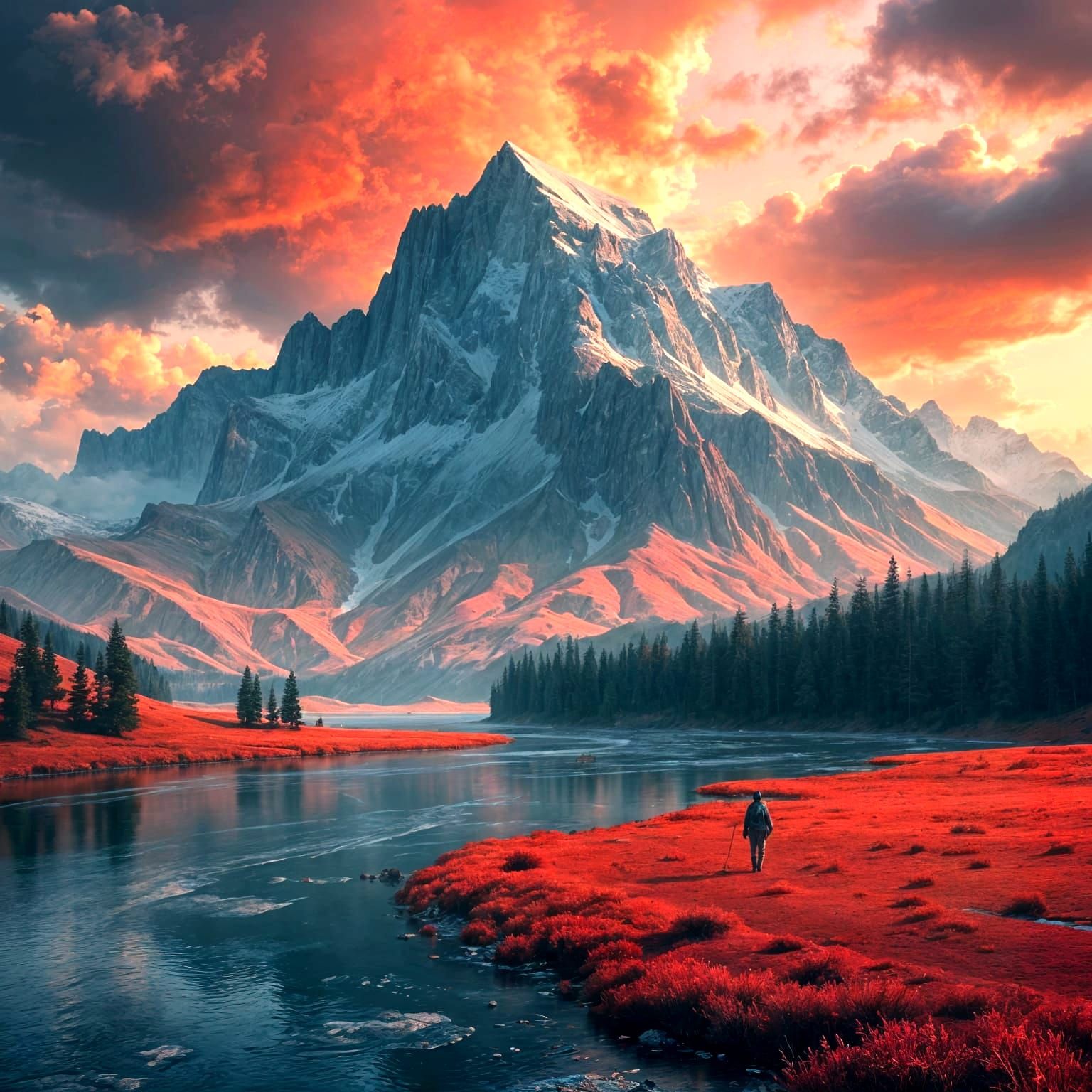 Epic Red Mountain Landscape Digital Painting