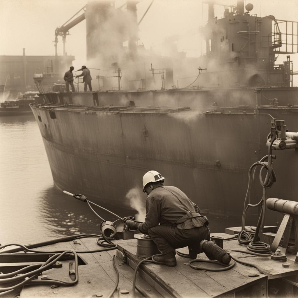 Young Welder at Work on Dock as Fire Trucks Arrive