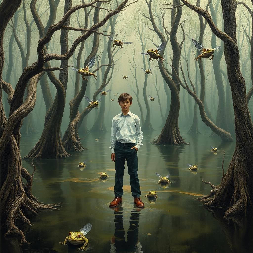 Boy in Liminal Swamp, Surreal Oil Painting
