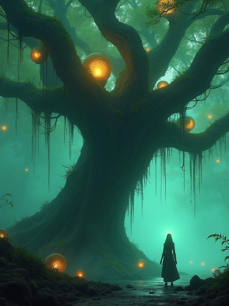 Gargantuan Tree with Glowing Fruit in Emerald Mist