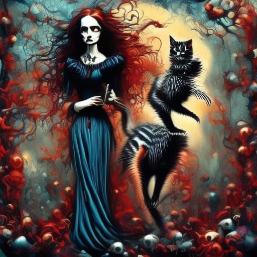 Mother and Baby with Butterflies and Cat in Fantasy Setting