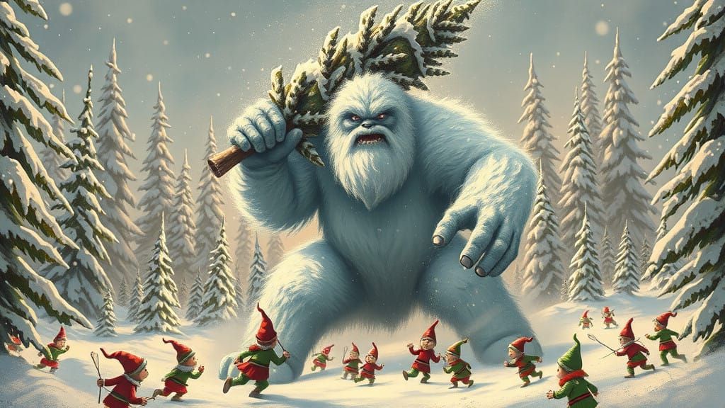 Gigantic Snowman Wields Christmas Tree Club in a Fantastical...
