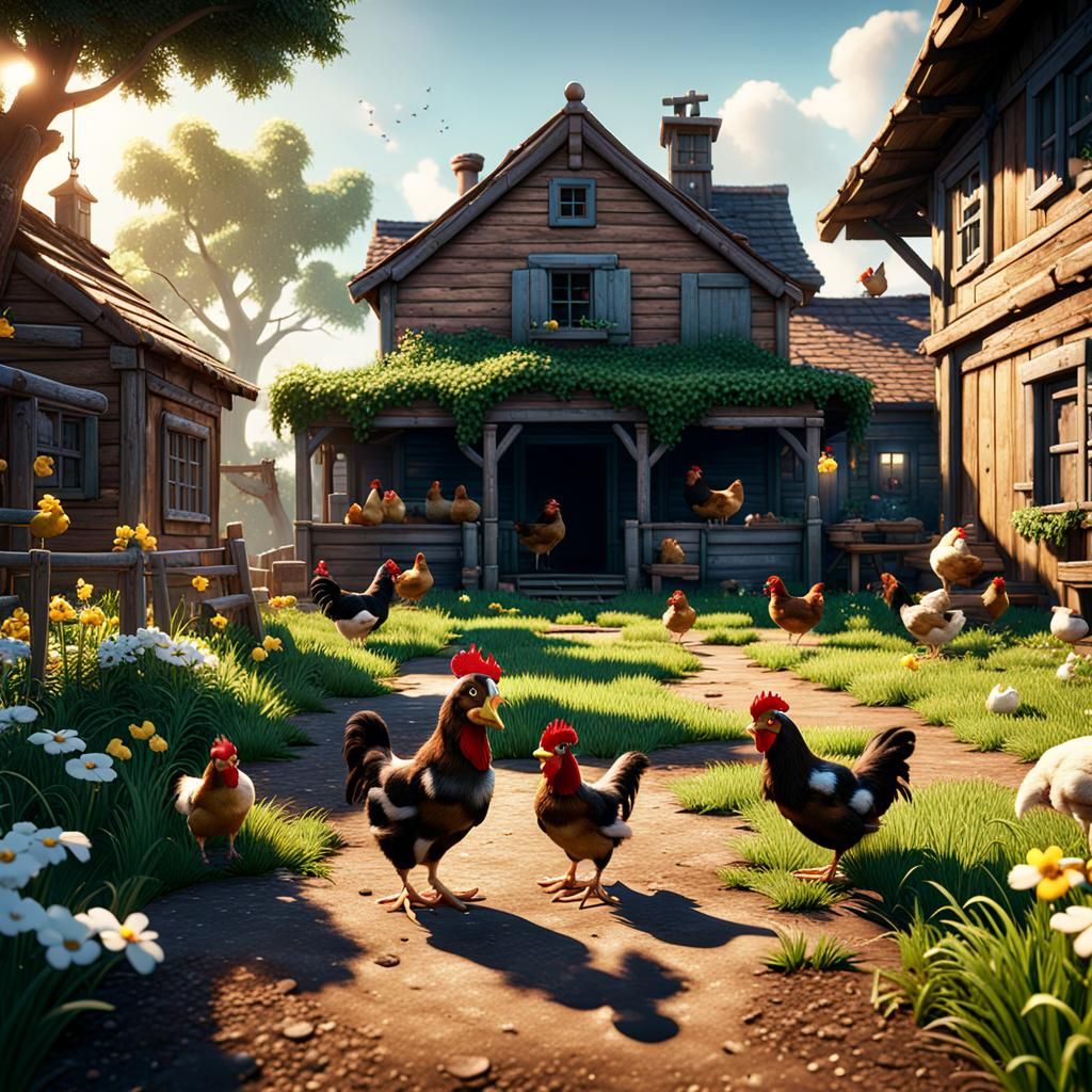 Pluto and Chickens in Yard, 3D Game Cinematic