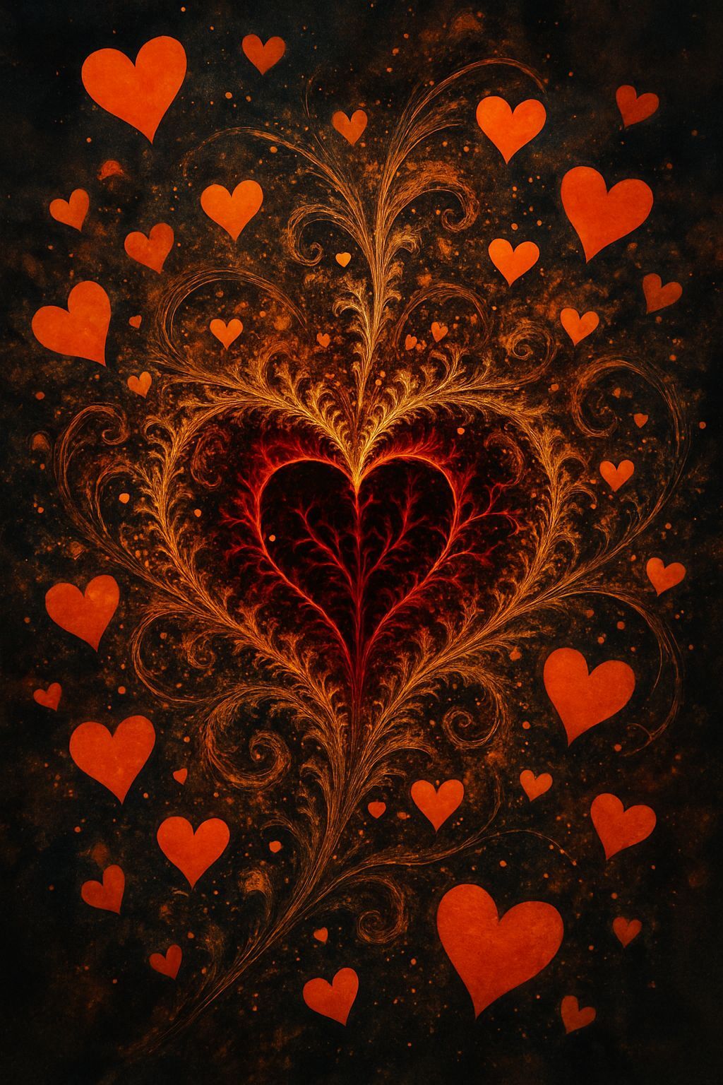 Fractal Heart with Orange Hearts and Gold Sparks